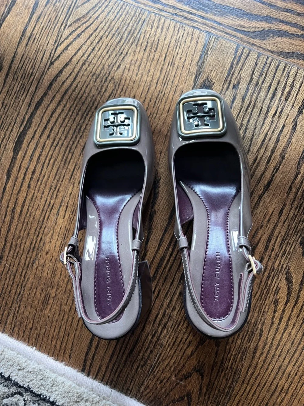 New! Tory Burch GeorgiaTaupe Leather Slingback Block Heels with Logo
